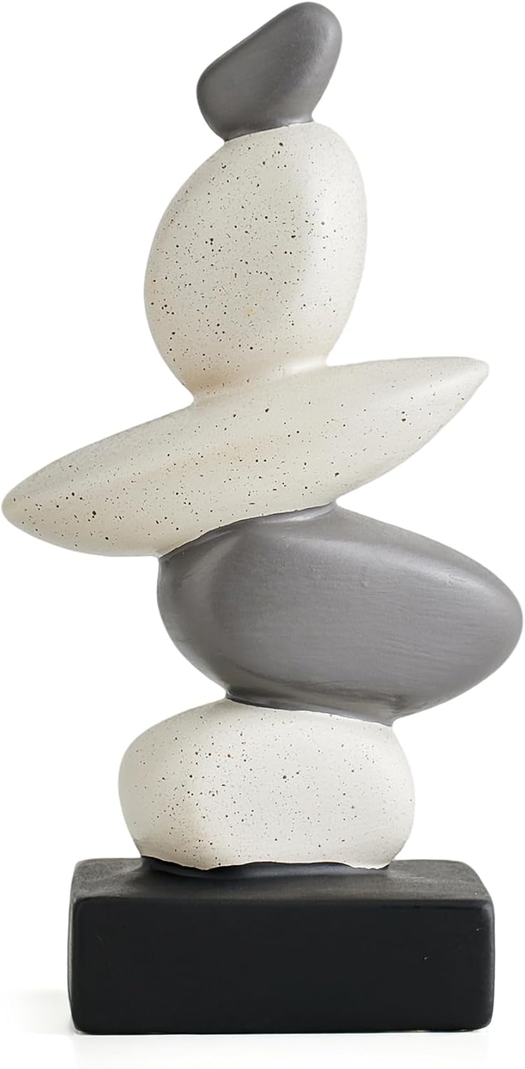 Stacking Stone Sculpture, Modern Balancing Zen Statue, White and Grey Rock Art, Home Office Table Decor (White and Gray - 10.43" H)
