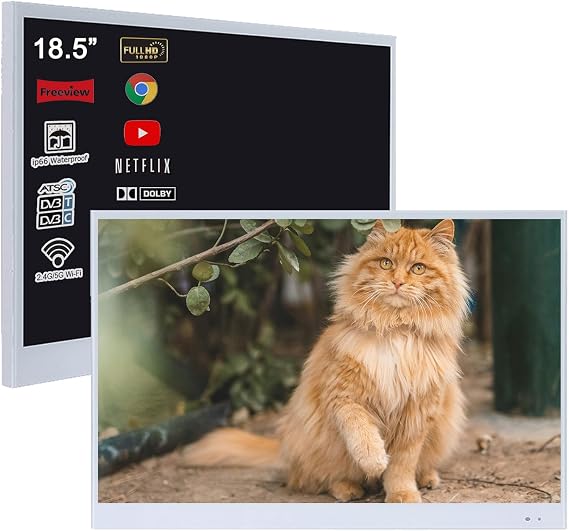 Soulaca 19 inches White Color Waterproof Bathroom TV 1080P Android Smart TV with Built-in Speakers & ATSC Tuner, Ideal for Bathrooms, Kitchens, and Hotels Compact Area