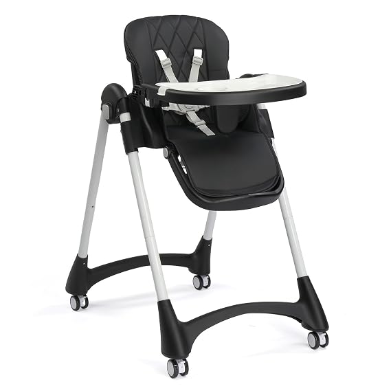 JOYMOR 4 in 1 Folding Baby High Chair for Babies to Toddlers, Infant Eating Foldable Highchair w/Leather Seat Cushion, 4-Position Removeable & Adjustable Tray, 5-Point Harness (Black)