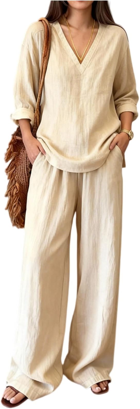 Linen Outfits Women Casual Top and Wide Leg Pants 2piece Fashion Beach Summer Loungewear
