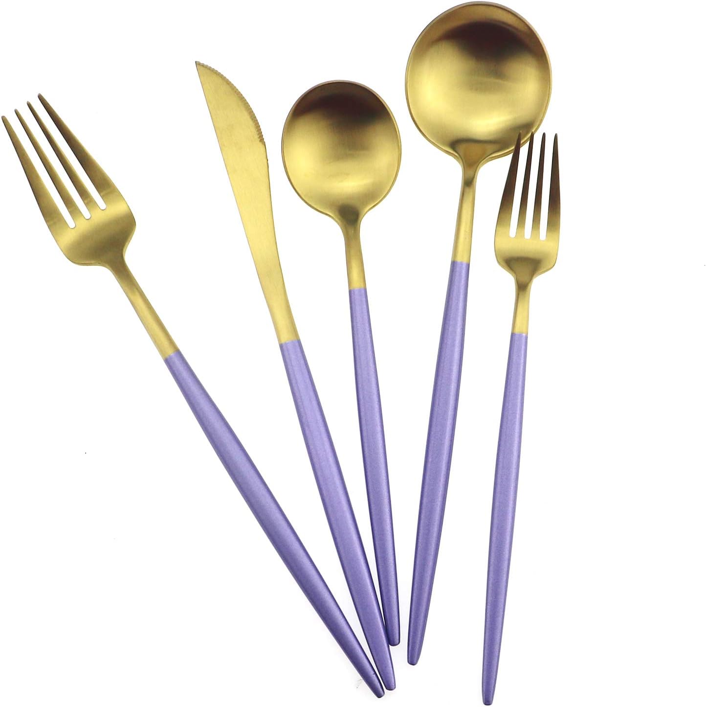 Purple Gold Flatware with Royal Matte Handle 5 Piece 18/10 Stainless Steel Dinnerware Set Including Fork, Spoon, Knife, Camping Silverware, Travel Accessories, Cutlery