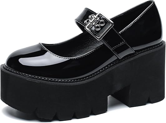 LIURUIJIA Platform Mary Janes for Women, Gothic Lug Sole Chunky High Heels, Round Toe Buckle Strap Uniform Shoes for School Party
