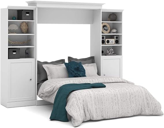 Bestar Versatile Queen Murphy Bed and 2 Closet Organizers with Doors (115W) in White, Sleeping Arrangement and Wardrobes for Multipurpose Room