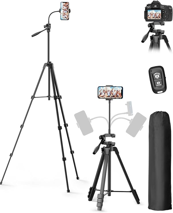 EMART 61 Phone Tripod Stand with Flexible Gooseneck, Portable Tripod for iPhone and Camera, Overhead Cellphone Holder with Remote for iPad Tablet Cooking Video Youtuber Vlogging Recording
