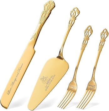 Cake Cutting Set for Wedding, Gold Wedding Cake Knife and Server Set, 4 Pieces pizza spatula and Knife with Forks for Engagements, Anniversaries