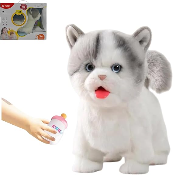 CU-MATE Electronic Stuffed Walking Cats, Realistic Interactive Pet Toy Cat, Walking, Barking, Wagging Tail & Talking, Present Gifts for 3+ Year (British Shorthair Blue and White Cat)