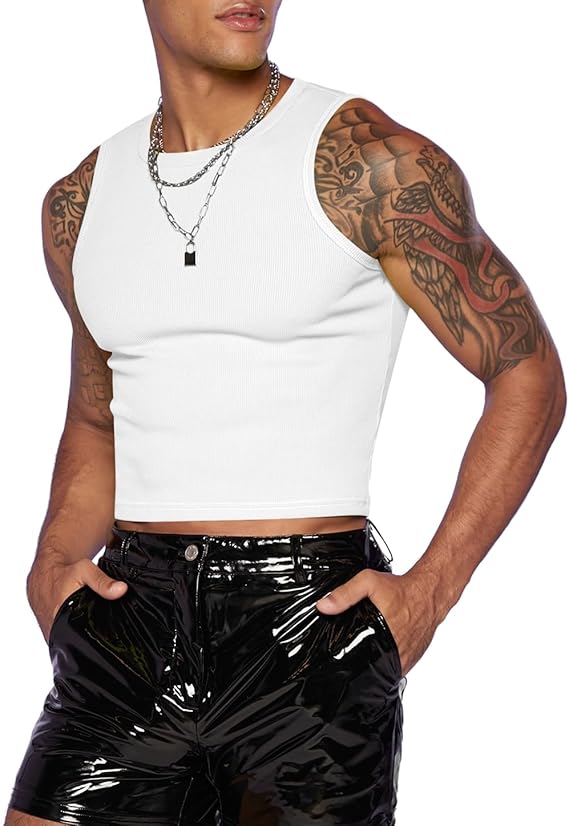 GORGLITTER Men's Cropped Tank Top Y2K Sleeveless Crop Top Slim Fit Muscle T Shirts Fashion Workout Rave Streetwear