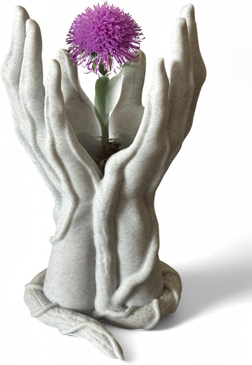 Uplifted Hands Planter Flower Pot for Indoor Plants, Succulents Artistic Sculpture Vase for Modern, Boho, or Spiritual Home Decor Decorative Plant Pot for Shelves (White Marble Stone)
