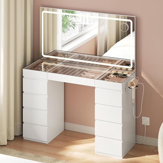 WOLTU White Dressing Table with Large Mirror and Glass Top, Vanity Desk | With 11 Drawers, 3-Colour LED Lights, Jewellery Organisers, Charging Socket, 2 USB Ports and 1 Hairdryer Holder, for Bedroom