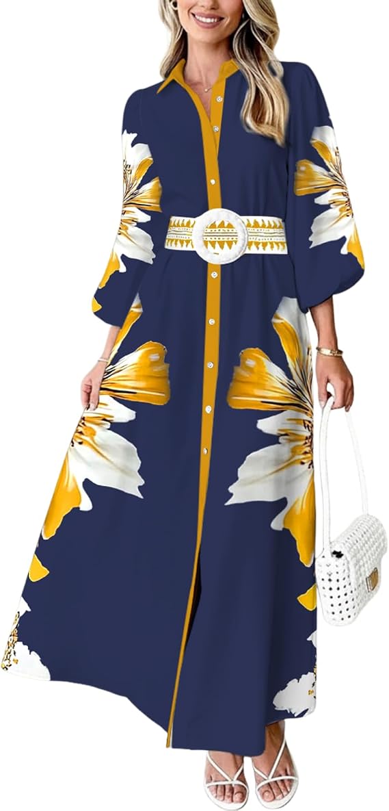 Floral Dress for Women 2026 Summer Boho Long Sleeve Maxi Dresses | A-Line, Floral Flowy Fit, Belted Dresses With Pockets, Fashion Button Front, Casual Beach Vacation Outfits, Summer Wear