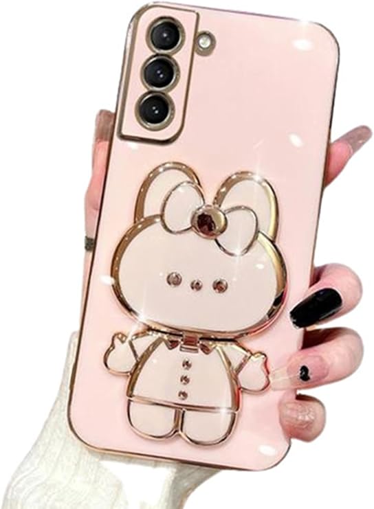 Samsung Galaxy A15 5G Phone Case with Cute Girly Rabbit Mirror Stand | Samsung A15 Phone Case for Women Girls Slim Soft TPU Bumper Camera Protection and Folding Rabbit Kickstand Design Pink