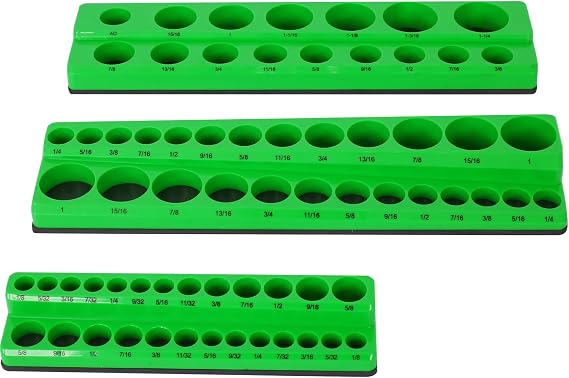 3 Piece SAE Magnetic Socket Organizers - Tool Box Socket Holder Set for 1/4", 3/8", 1/2" Sizes (Green)