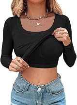 CHICME Women's Fall Long Sleeve Square Neck T Shirts with Built-in Shelf Bra Ribbed Knit Slim Fit Casual Basic Tops