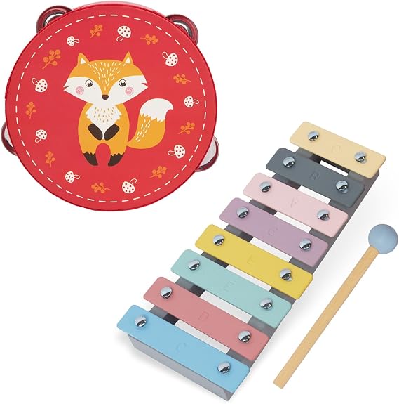 Tambourines and Xylophone Musical Instrument for Kids and Adults, 6 inch Wooden Hand Held Drum Bell Tamborine with Birch Metal Jingles Percussion Hand Tambourine Educational Gift for KTV, Party, Game