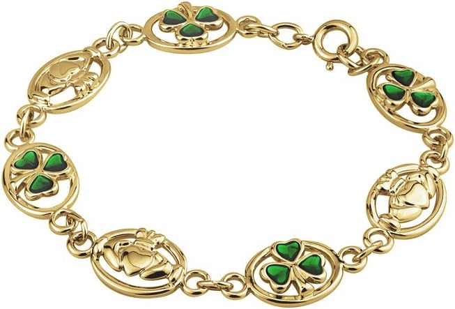 Gold Plated Claddagh and 7 Shamrock Bracelet-Made in Ireland