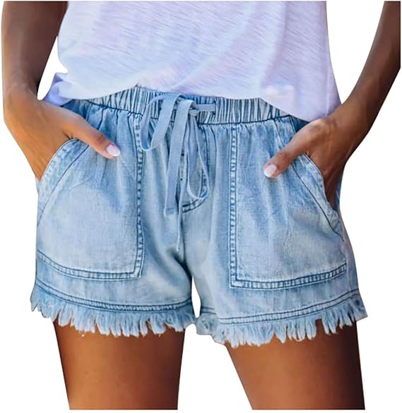 Women Jean Shorts Elastic Waist Drawstring Denim Shorts Summer Casual Raw Hem Distressed Jeans Short with Pockets