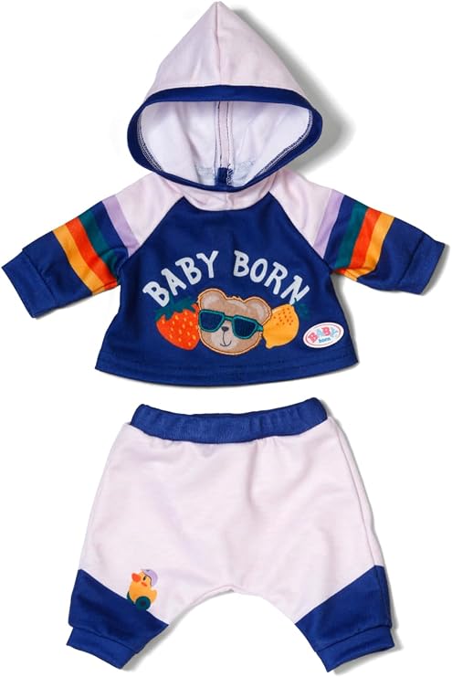 Baby Born Jogging Anzug Navy 43 cm (Zapf Creation 838204) | Teddy Print Hooded Sweatshirt Grey Pants for 17" Dolls
