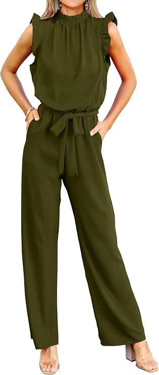 KIRUNDO Jumpsuits For Women Dressy Summer Outfits | One Piece, Formal Wide Leg Pants Romper, Sleeveless Ruffle Mock Neck, With Belt & Pockets, Wedding Guest Cocktail Outfits