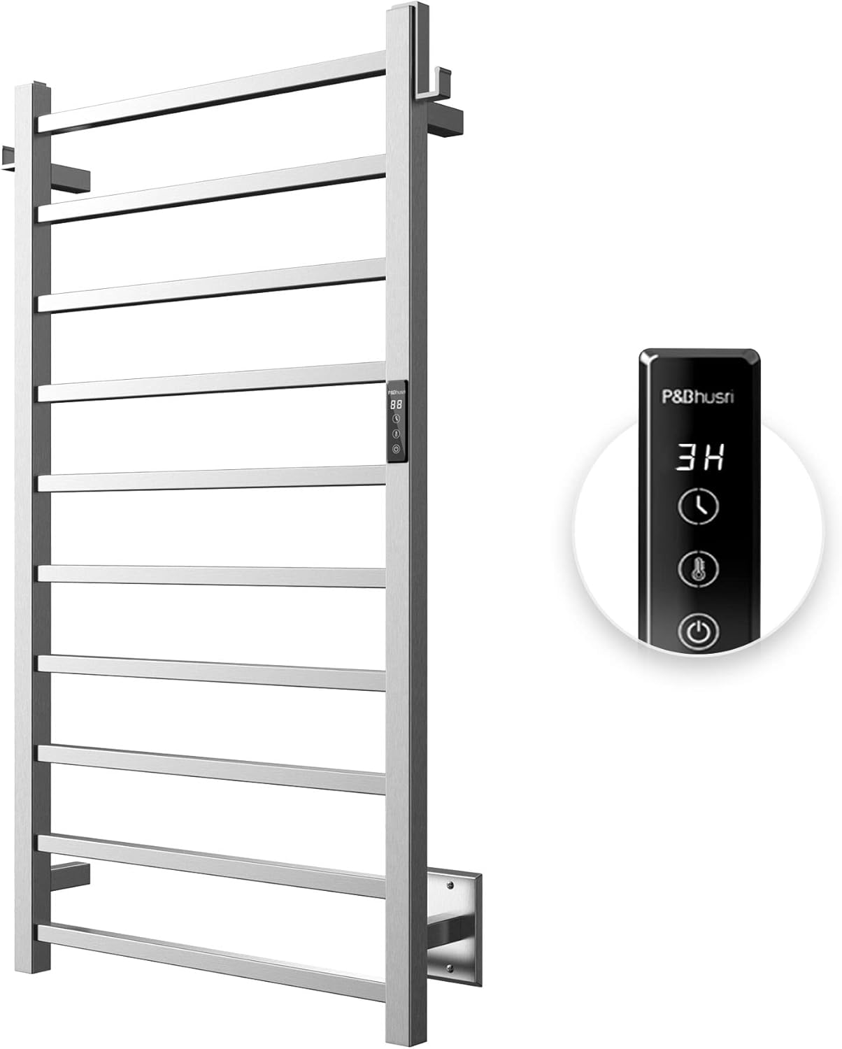 P&amp;amp;Bhursri Heated Towel Rack, 10-Bar Towel Warmer Rack for Bathroom, Wall Mounted Towel Warmer, Electric Towel Drying Rack with Timer, Stainless Steel Brushed, Plug-inHard-Wired