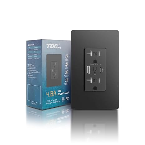 TOPELER USB Wall Outlets, 4.8A USB Wall Charger Receptacle, 20A 125V Tamper-Resistant Electrical Outlet with Type C/A for iPhone/iPad/Samsung/LG/HTC, ETL Listed, Black