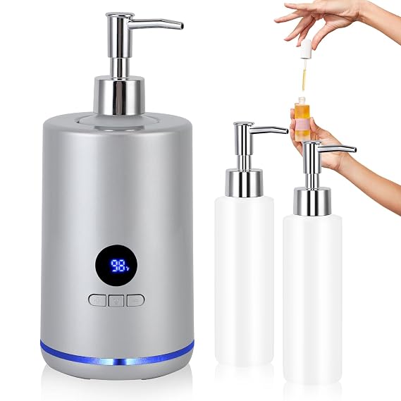 Massage Oil Warmer with 2 Bottles, Professional Electric Lotion Warmer Bottle, Digital Display, Rapid Heating, Automatic Massage Oil Heater for Salon Spa Massage (Silver)