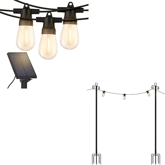 Brightech Bundle Ambience Pro Solar Powered Outdoor String Lights - Commercial Grade Patio Lights with 48 Ft + 2-Pack 10FT String Light Poles
