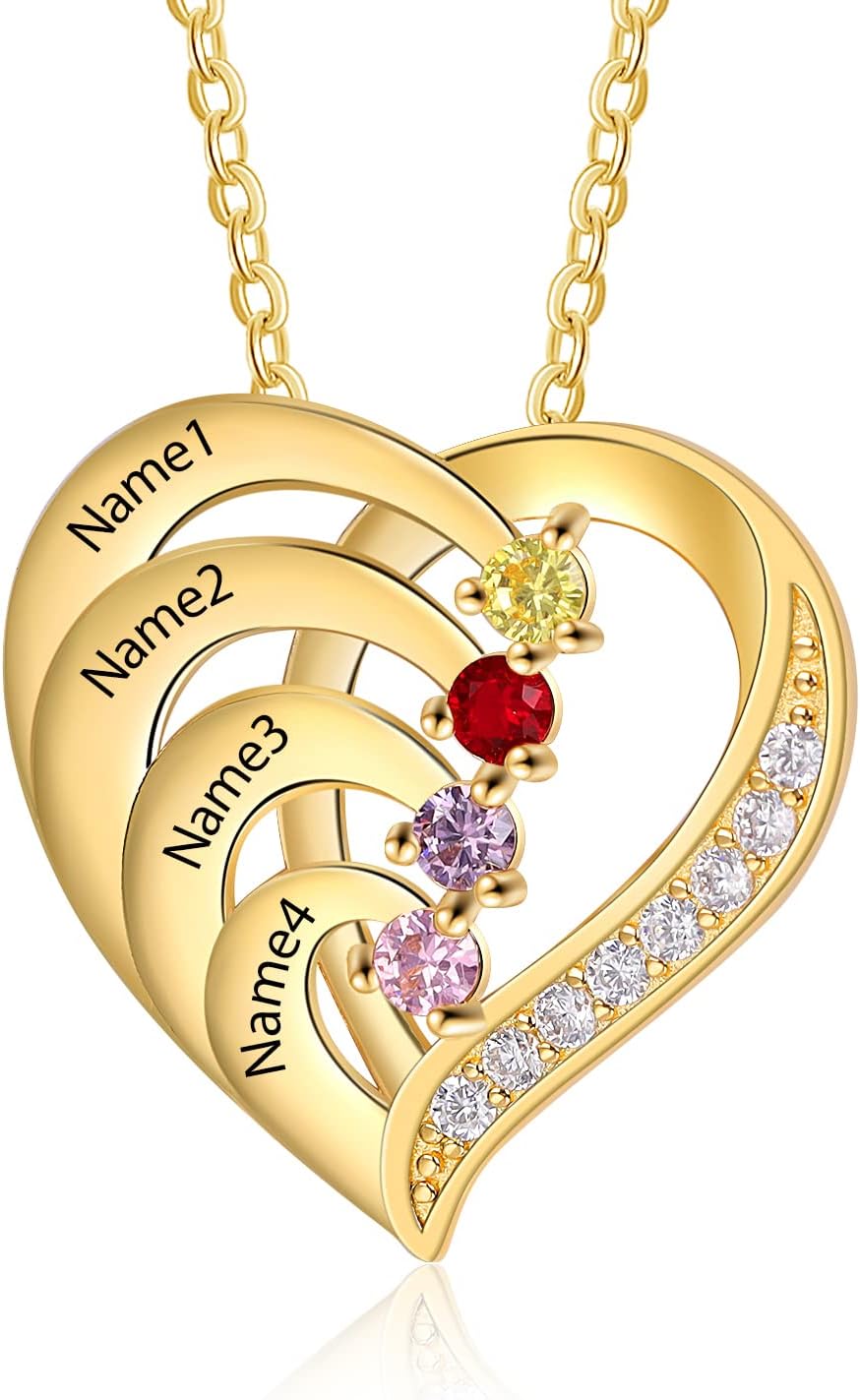 Jeweidea Personalized Heart Necklace with Simulated Birthstones Custom Name Mother Daughter Promise Pendant for Women Mom Her