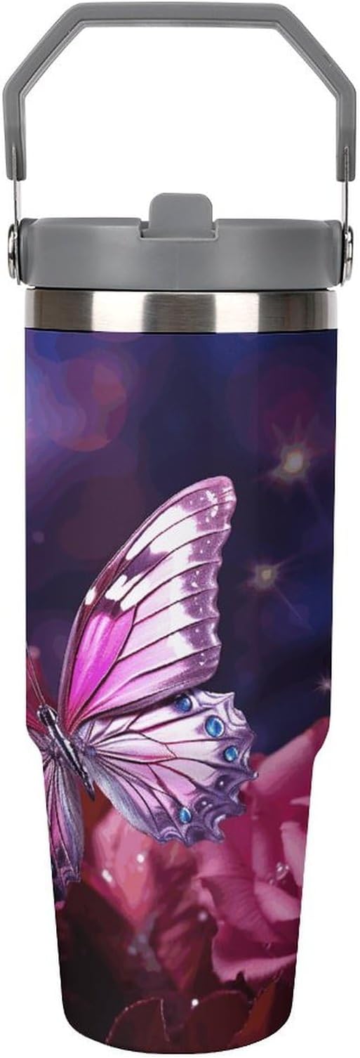 30 Oz Double Insulated Tumblers With Handles Pink Butterfly Printed Insulated Tumbler With Straw With Lid Leak-proof Stainless Steel Travel Coffee Mug