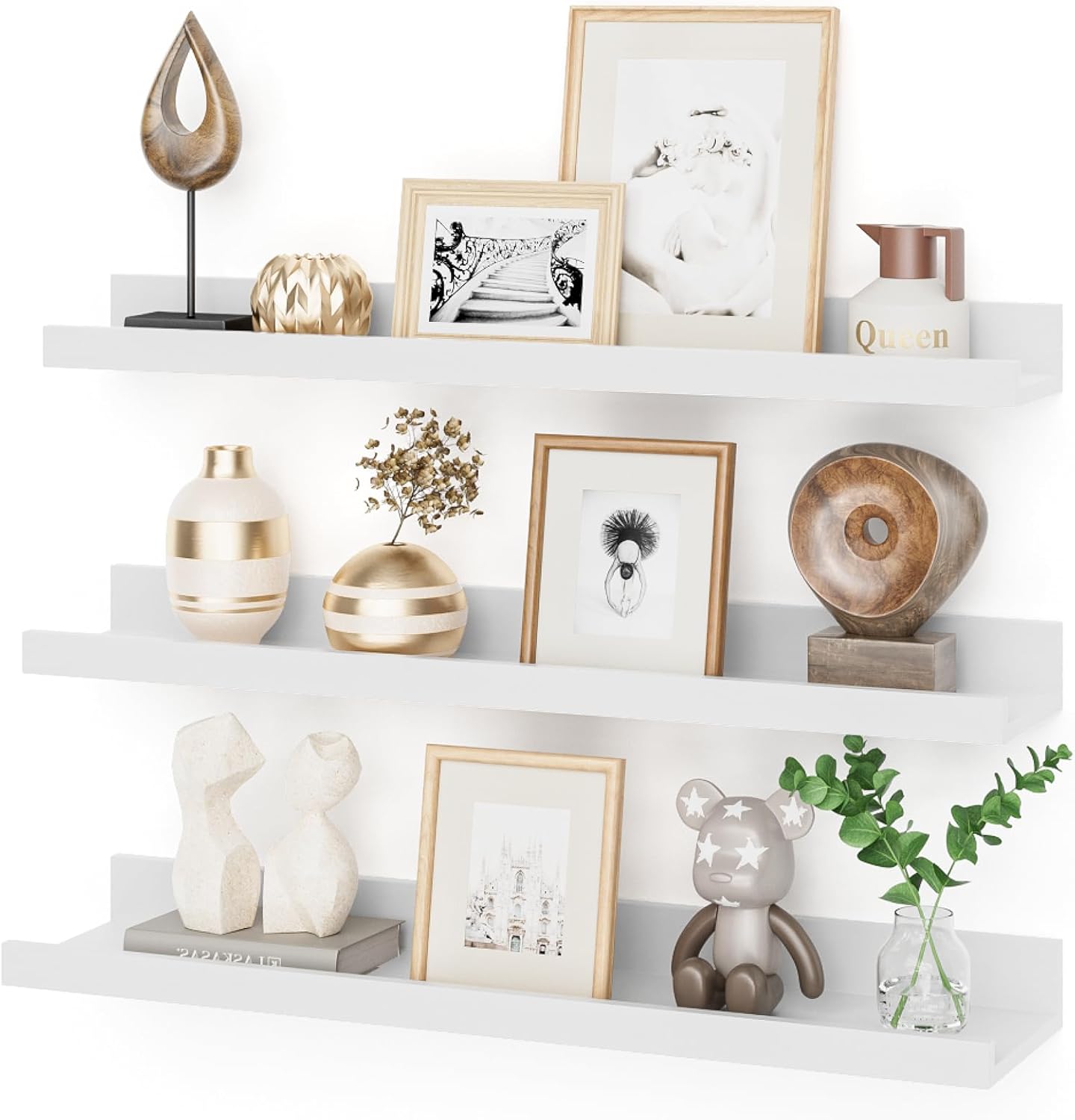 Heimlove 24 Inch Picture Ledge Shelf with Lip,White Floating Shelves for Wall Set of 3,Wall Shelves in Varying Depths for Living Room,Bedroom,Nursery,Bookshelf