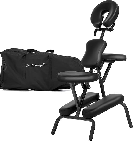 BestMassage | Portable Massage Chair | Black | Folding Tattoo Chair | Adjustable Headrest & Height, Carry Bag | Metal Frame & High Density Foam | Easy to Carry | For Salons, Spas, Tattoo Studios