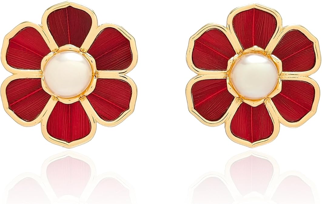 Flower Earrings for Women, Red Feather Gold Plated Pearl Statement Stud Earrings, Dainty Chinese Handmade Women's Jewelry