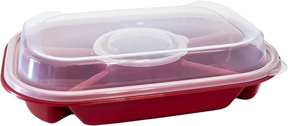 Buddeez Red Jumbo Divided Serving Tray, 6 Bins for Party Platter with Lid | 6 removable divided bins, For fruit, vegetables, snacks, chips and dips, Includes protective lid, Party and picnic serving