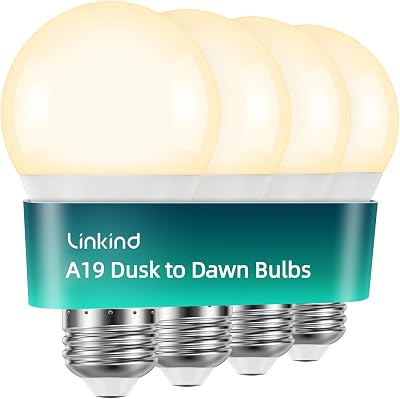 Linkind Dusk to Dawn Light Bulbs Outdoor, A19 Sensor Led Bulbs Automatic OnOff, 9.5W led Light Bulbs, 75 Watt Equivalent, 1200 Lumen, E26 Base, ETL&FCC Listed, 2700K Soft White, 4 Pack