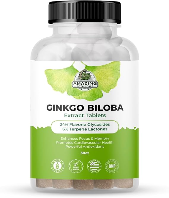 Ginkgo Biloba Certified Extract Tablets - 30 Tablets - Potent Natural Cognitive Booster & Antioxidant - Ginkgo Supplements for Healthy Memory Support & Brain Cognitive Function