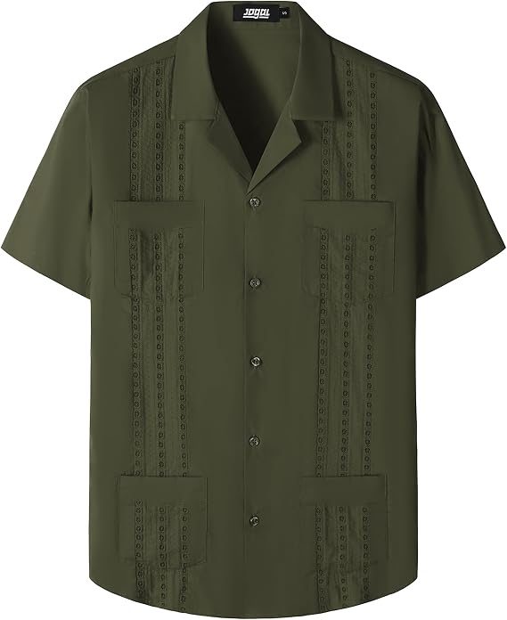 JOGAL Mens Guayabera Shirts Cuban Short Sleeve Casual Button Down Shirt | 100% Cotton, Lightweight, Relaxed Fit, Button Up, Hawaiian Summer Beach Top, Mexican Wedding, Party, Vacation, with Pockets