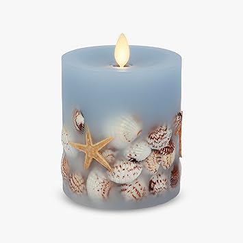 Luminara Flameless LED Candle Soft Teal Embedded Seashell & Starfish Moving Flame Pillar Unscented Real Wax with Recessed Edge, Timer (4.5-inch)