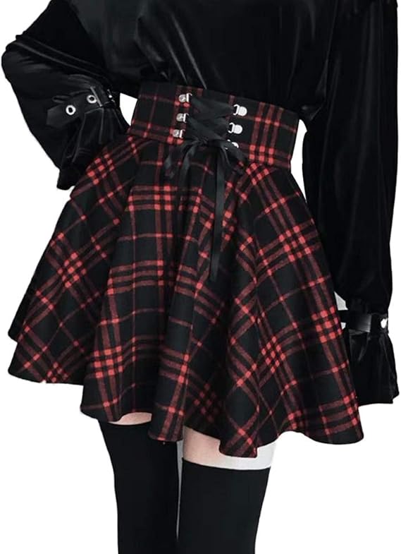 Women's High Waisted Short A-line Flare Gothic Mini Black Red Plaid Pleated Skirt Dress