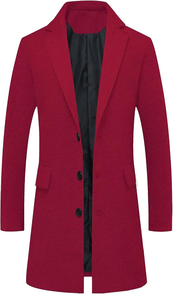 ThCreasa Men's Single Breasted Wool Blend Trench Coat Mid-Length Overcoat