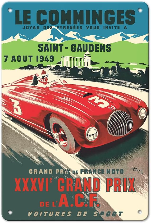 1949 Le Comminges Grand Prix - VI Grand Prix of the ACF - Ferrari 166 - Vintage Racing Poster by André Bermond - 8 x 12 inch Vintage Metal Tin Sign