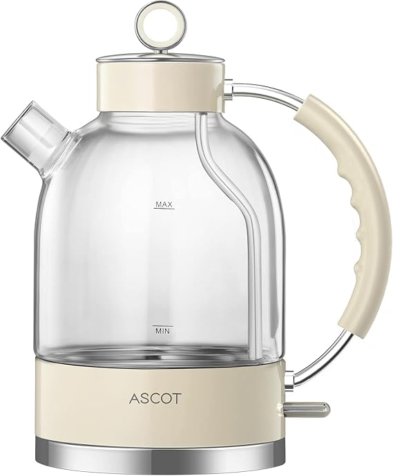 ASCOT Electric Kettle, Glass Electric Tea Kettle Boiler Gifts for Men/Women/Family 1.5L 1500W Borosilicate Glass Tea Heater, with Auto Shut-Off and Boil-Dry Protection (Beige)