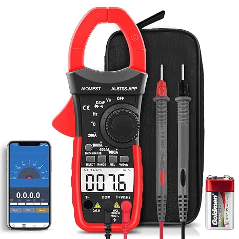 AIOMEST Digital Clamp Multimeter, AC&DC Amp Volt Ohm Tester, Auto Range Voltage Current Resistance Temp Diode Meter 6000 Counts DMM with Bluetooth APP AI-570S-APP