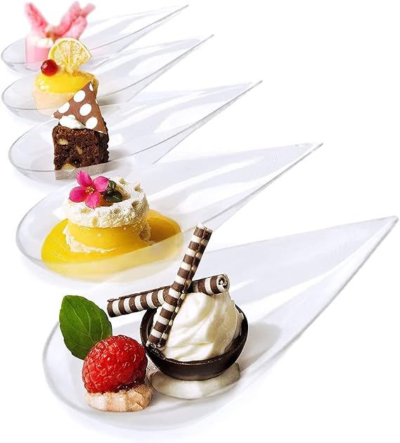 100 Pcs 4 inch Tear Drop Mini Appetizer Plates Clear Dessert Plates Plastic Appetizer Plates Tasting Mini Spoons Dishes Serving Plate Disposable Asian Spoon Small Dessert Bowls Serving Cup