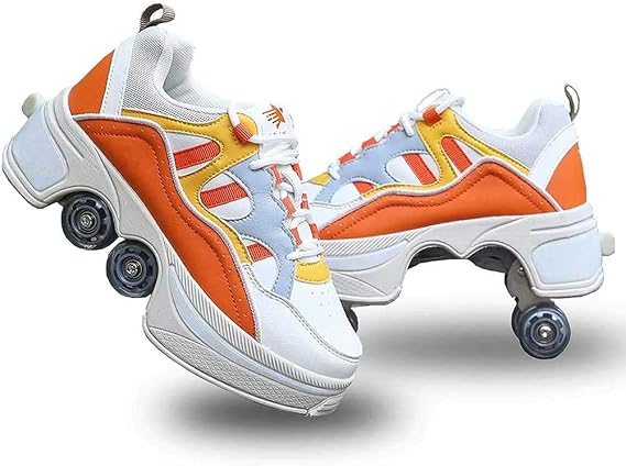 Casual Roller Skates for Girls/Women, 2 in 1 Double Row Deformation Roller Shoes Deformed Parkour Shoes Invisible 4 Round Running Shoes Roller Skates Outdoor Sports Kick Roller Shoes