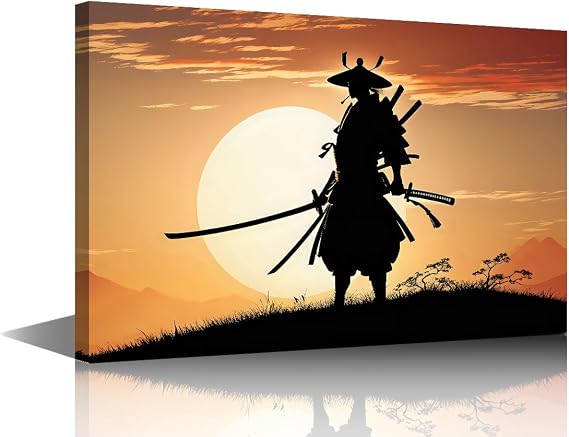TISHIRON ‌Wall Art Samurai Warrior Canvas Wall Art - Japanese Battle Scene Framed Painting for Bedroom, Living Room, Home Theater, HD Print Modern Decor, Solid Wood Frame Ready to Hang 24x16 in