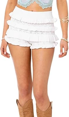 Crochet Tiered Shorts Y2K Knit Booty Shorts Women Ruffle Layered High Elastic Waist Bloomers Aesthetic Streetwear