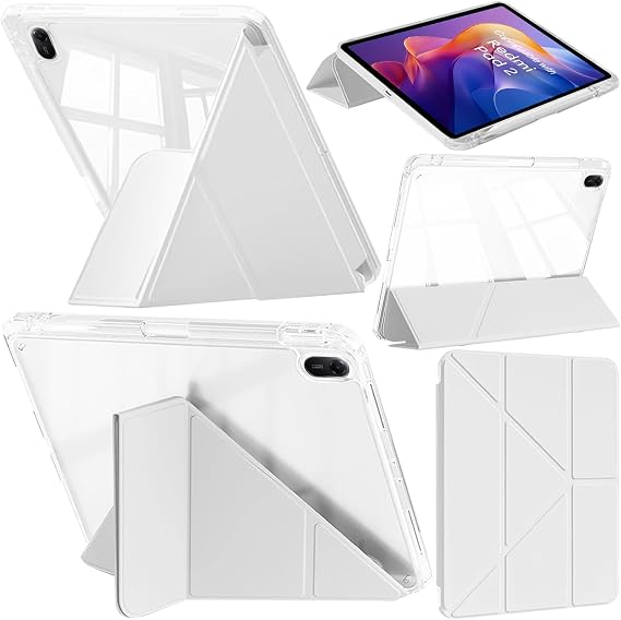 Case for Xiaomi Redmi Pad 2 11 Inch Slim Y-Stand Cover White | Clear Back Shell with Pencil Holder, Auto Wake Sleep