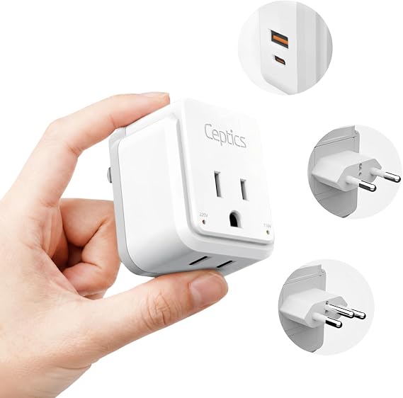 Ceptics Brazil Power Plug Adapter Travel Set, 20W PD & QC, Safe Dual USB & USB-C 3.1A - 2 USA Socket - Compact & Powerful - Also Use in Peru, Chile - Includes Type C, Type N Swadapt Attachments