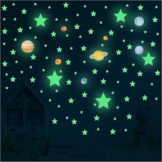 109PCS Galaxy Glow in The Dark Ceiling Wall Stickers | PVC Self-Adhesive Material, Glow In Dark Design, 109PCS Star & Planet Set, Ideal Decor For Kids Bedroom and Holiday Gift