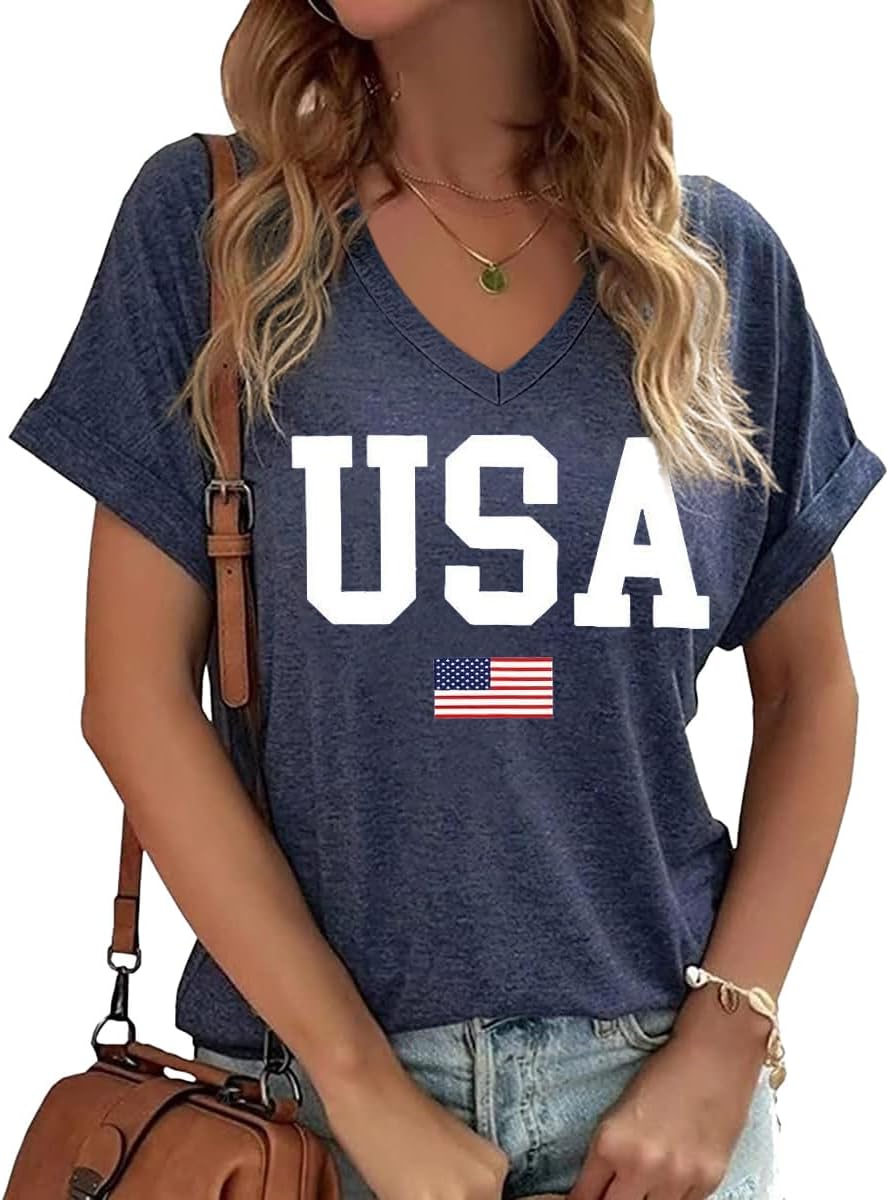 Vircreate Womens Casual Short Sleeve V Neck T-Shirts 4th of July USA Flag T Shirts Patriotic Graphic Tees
