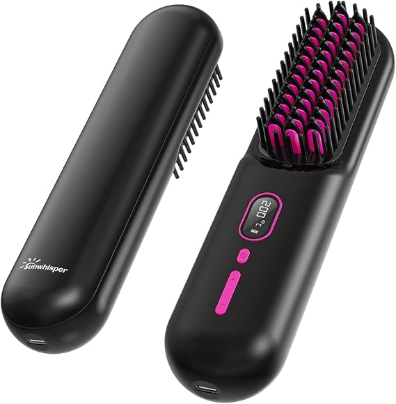 Cordless Hair Straightener Brush - 20 Million Anion Hair Straightener Brush for Women, Portable Straightening Brush for Travel, LCD Display, 2 Hair Clips, Black
